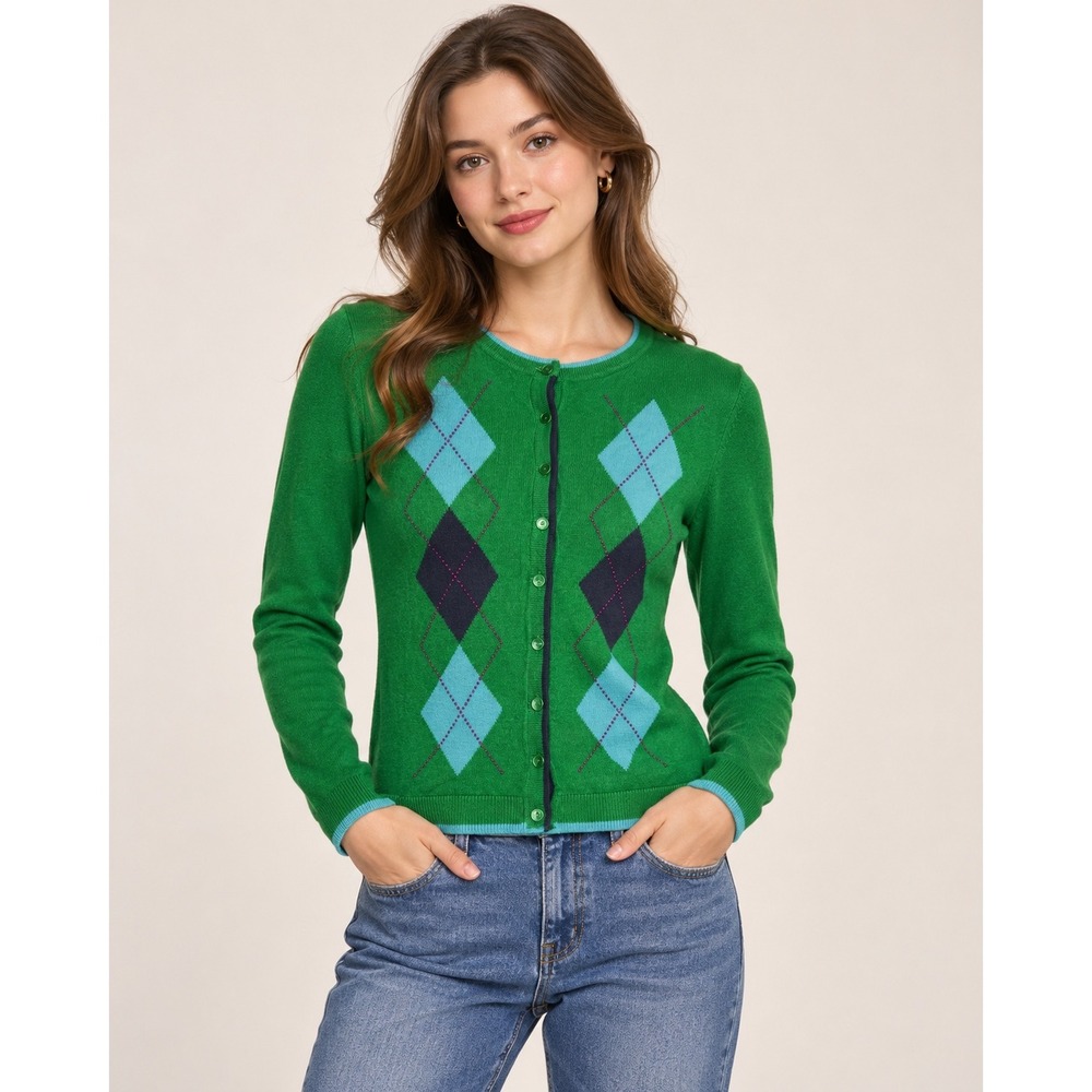 Talbots Green Argyle Cardigan Sweater Cotton Cashmere Blend Small Preppy